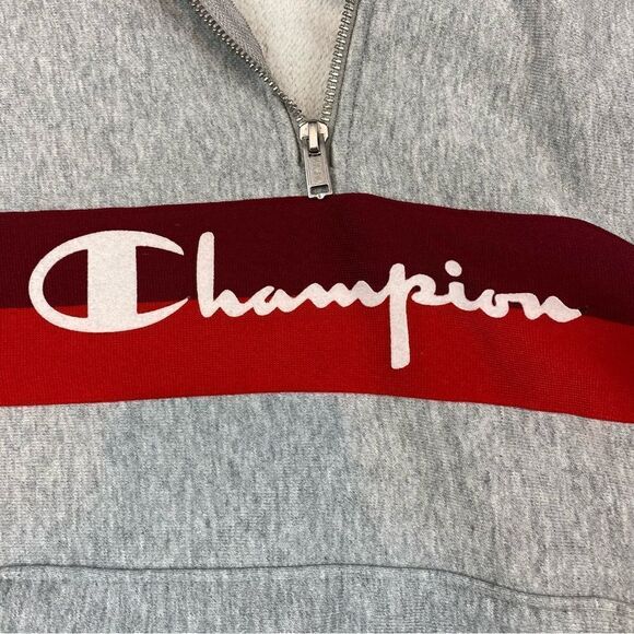 Champion Quarter Zip Hoodie Sweatshirt Red Stripe Medium - Picture 4 of 6